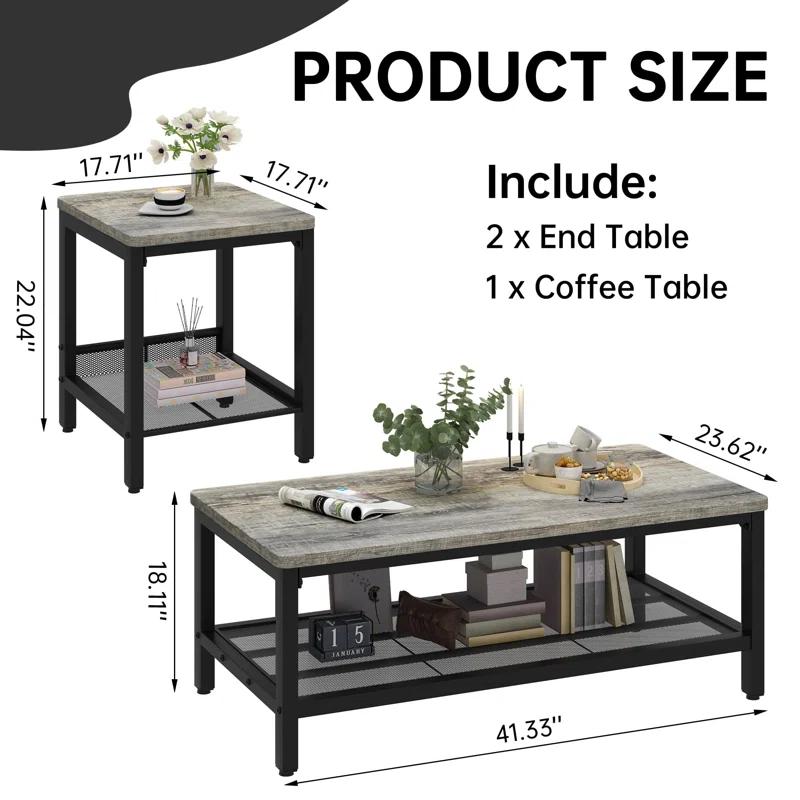 17 Stories Industrial Metal Frame  3 - Piece Living Room Table Set With Two Side Table