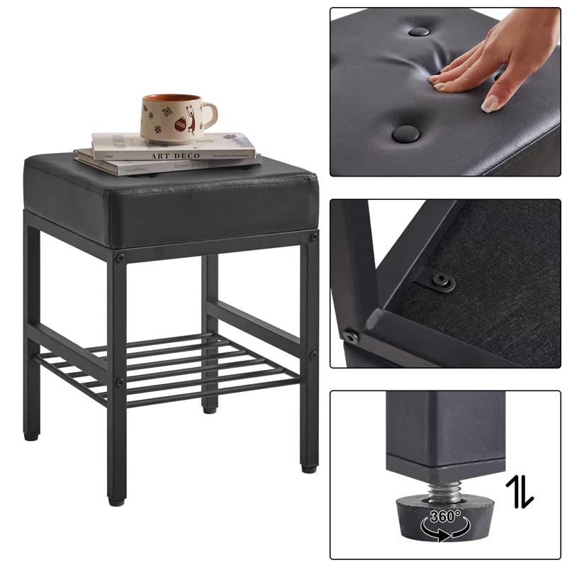 Everly Quinn Square Makeup Stool With Adjustable Feet And Storage Space, Footrest Stool, PU Seat Vanity Stool, Multi-Use As Small Side Table Or Ottoman, Black