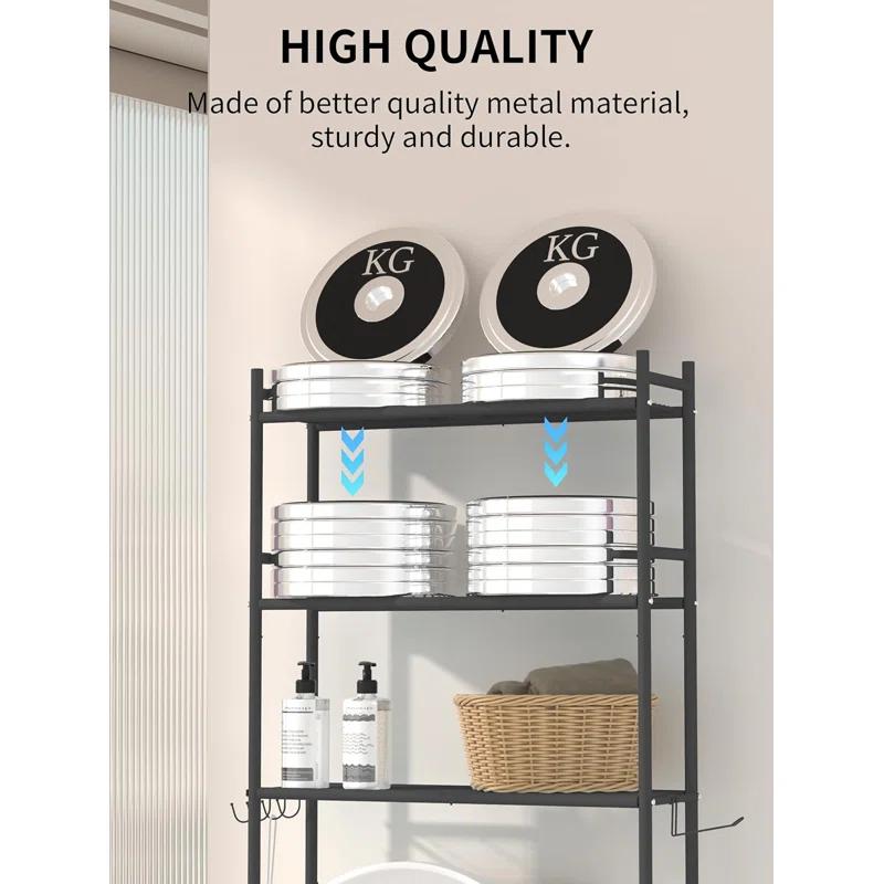 3-Tier Over The Toilet Storage, Space Saver Metal Bathroom Shelves, Freestanding Above Over Toilet Storage Shelf With 4 Hooks For Bathroom, Black