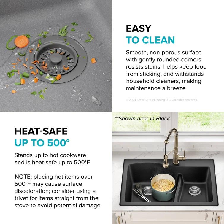 Kraus KRAUS Quarza™ 33" L Dual Mount 60/40 Double Bowl Granite Kitchen Sink KGD-442GREY