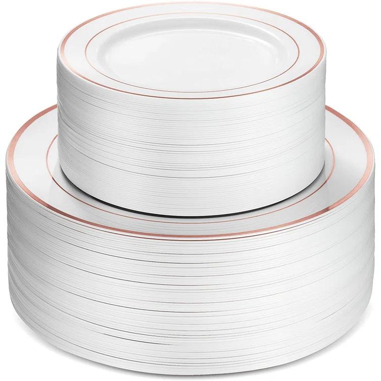 Munfix Rose Gold Rim Plastic Plates Party Supplies Kit for 50 Guests