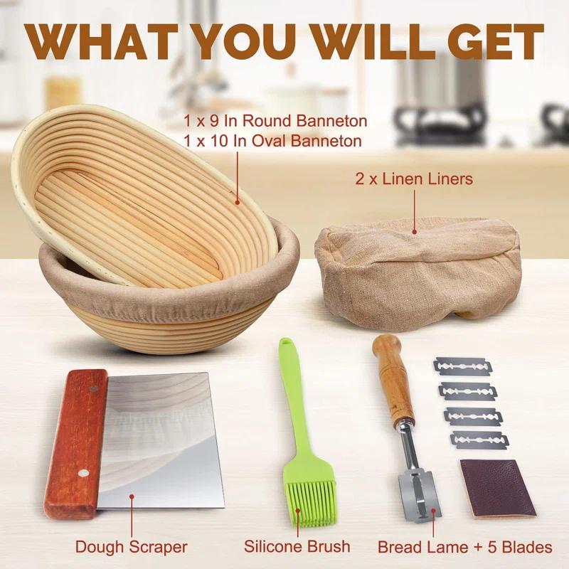 Bread Banneton Proofing Basket Set Of 2, 9 Inch Round & 10 Oval Cane Sourdough Baskets With Lame + Dough Scraper Linen Liner Basting Brush For Making Baking Fermentation