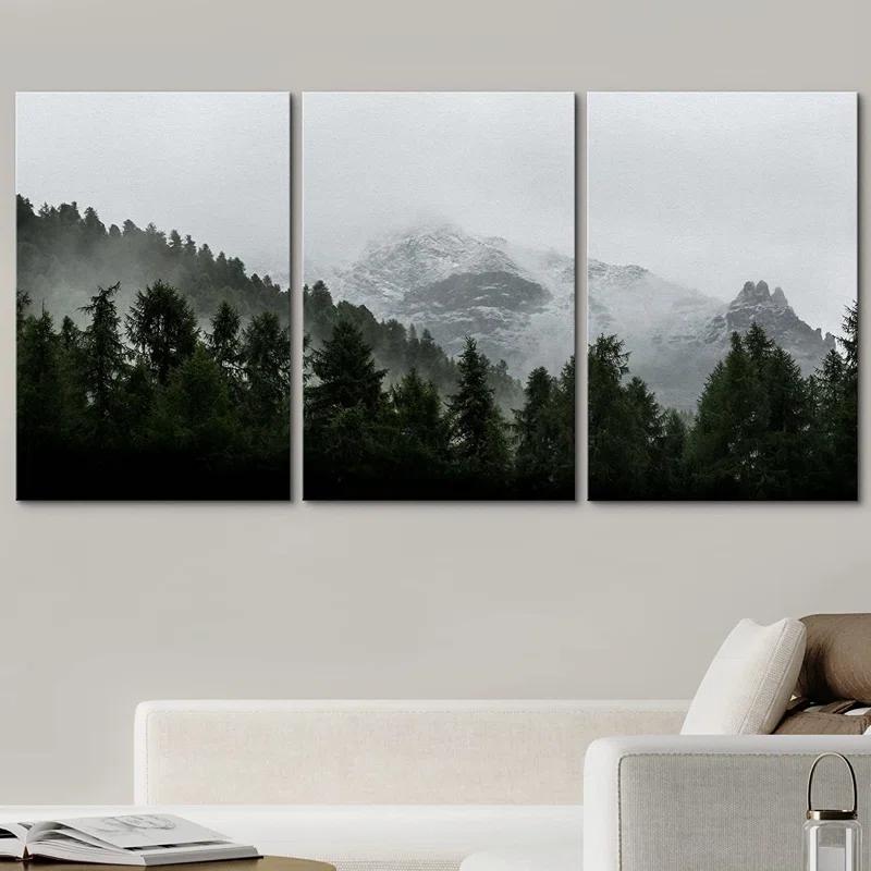 IDEA4WALL Misty Forest Landscape Mountain With Fog Natural Framed Canvas 3 Pieces Photograph Print Wall Art