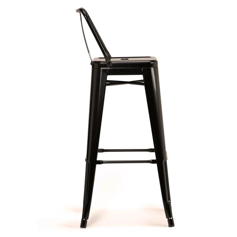 Simpli Home Rayne Metal Industrial Stool with Curved Back, Cross-Brace, and Footrest