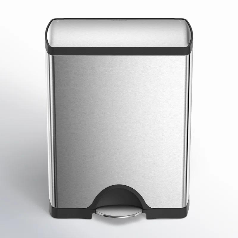 simplehuman Rectangular Dual Compartment Recycling Kitchen Step Trash Can, 46 Liter, Stainless Steel