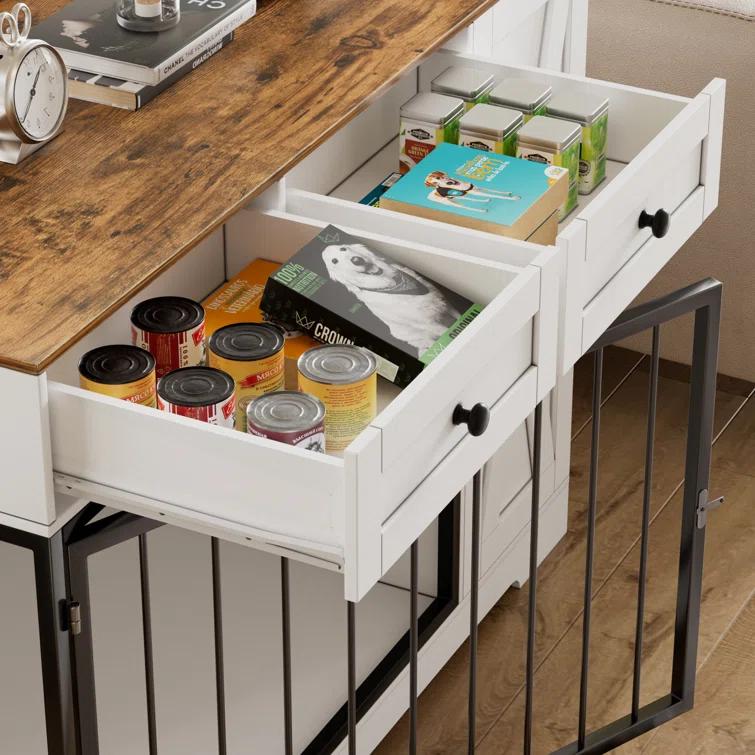 Tucker Murphy Pet™ Gladine Dog Crate Furniture Kennel with Double Doors, Wooden Pet House with 2 Drawers and Pet Feeder Station Storage Cabinet