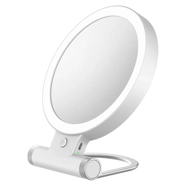 IMPRESSIONS VANITY · COMPANY Focus Tri Tone Travel Makeup Mirror with LED Lights, Dual Sided 10x Magnifying Mirror with 360 Tilt