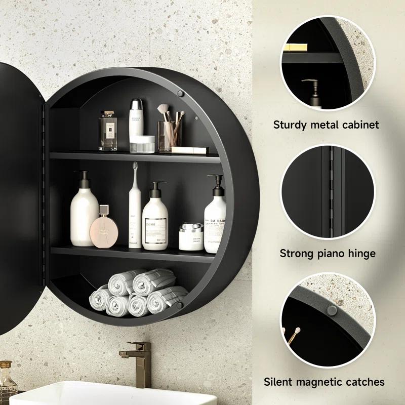 keonjinn WF-JSKJG-YX-R50-bk Gervon Round Wall Mounted Medicine Cabinet with Shelves