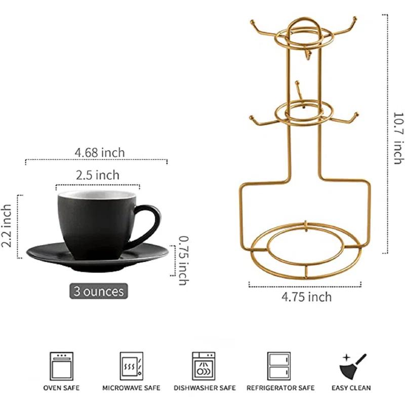 QXXSJ 3 Ounces Espresso Cups With Saucers Set, Porcelain Latte Cups And Metal Stand Demitasse Cups For Espresso, Latte, Cafe Mocha, Cappuccino And Tea, Set Of 6, Black