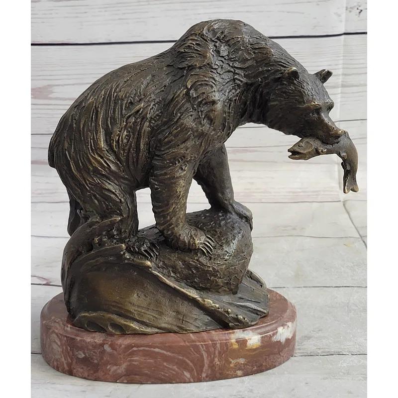 Loon Peak® Bear With Fish In Mouth Bronze Metal Sculpture Statue Wildlife Decor Art Marble Base