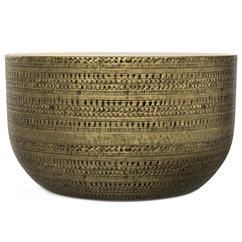Simpli Home Johnsen 30"W Metal Boho Modern Round Coffee Table with Textured Detail, Assembled