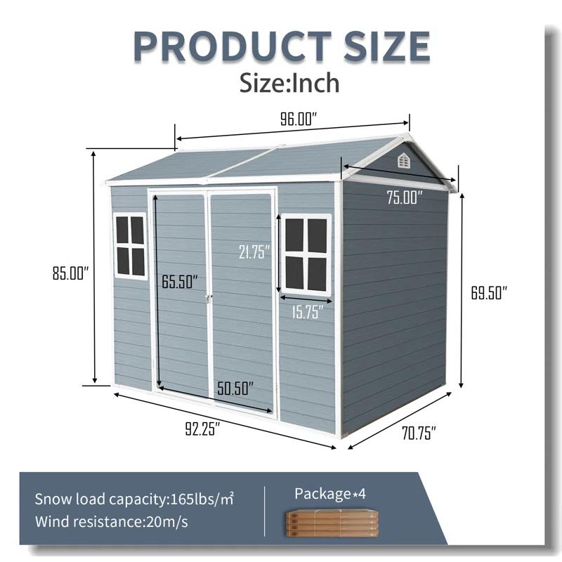Tryimagine 8 X 6 Ft Resin Outdoor Storage Shed Waterproof Shed With Floor & Two Windows & Lockable Door, Tool Shed For Garden, Patio, Backyard