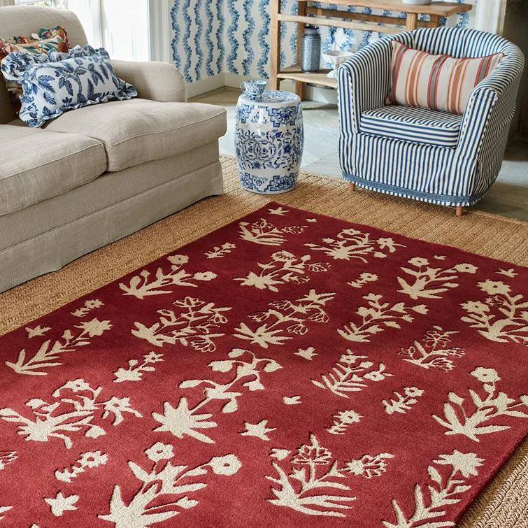Sanderson Rectangle Floral Hand Tufted Wool Area Rug in Beige/Red | Perigold