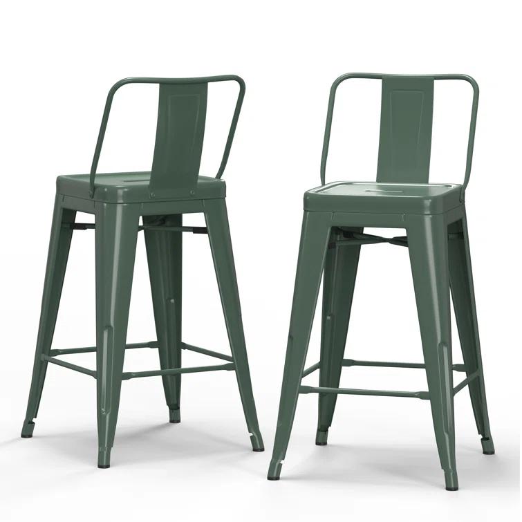 Simpli Home Rayne Metal Industrial Stool with Curved Back, Cross-Brace, and Footrest
