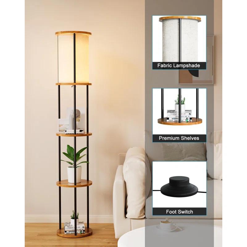17 Stories Lightdot 61IN 3-Tier Shelf Floor Lamp With E26 Bulb Included, Black Standing Lamp For Living Room, Bedroom, Sofa Corner - Sturdy Wood Design With Fabric Lampshade