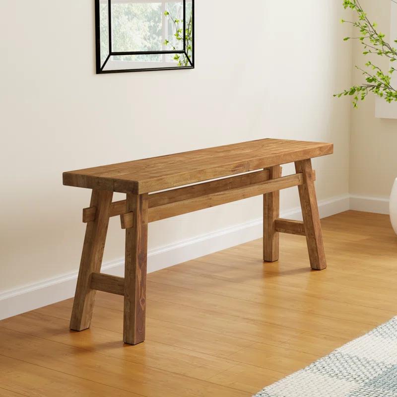 Milani Brown Wood Handmade Distressed Bench with High Trestle Legs 47" x 12" x 21"