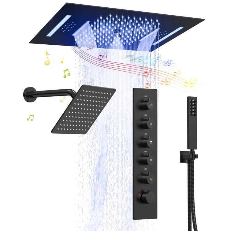 EVERSTEIN Music Thermostatic Shower System,Dual Showerheads with LED Mood Lighting SFS-1051-BK