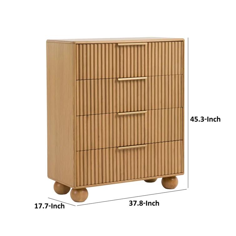 Benjara Cid Joya 45 Inch Tall Chest, 4 Drawers, Golden Metal Handles, Natural Oak