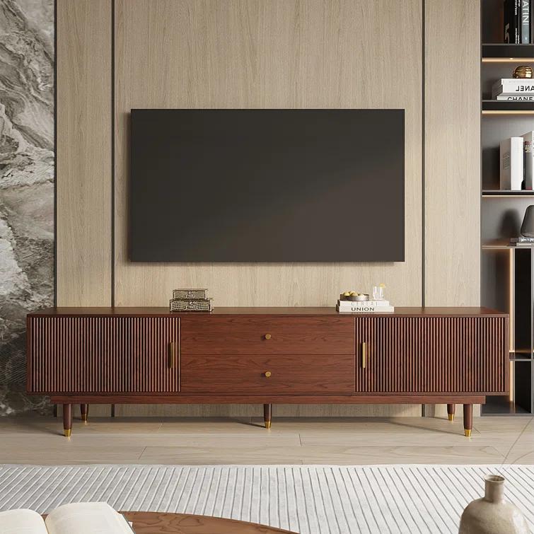 Loon Peak® Mid-Century Modern TV Stand for 60+ Inch TVs, Walnut TV Console with 2 Storage Cabinets and 2 Drawers, Entertainment Center