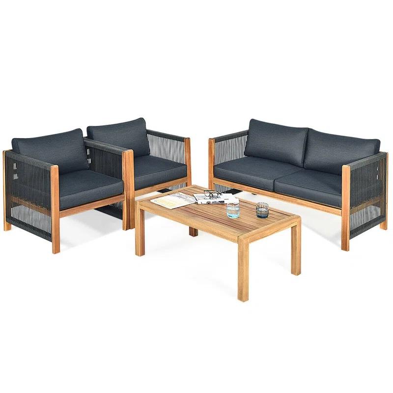 Highland Dunes Menges Outdoor Patio 4 Pieces Acacia Wood Sofa Set with Cushions