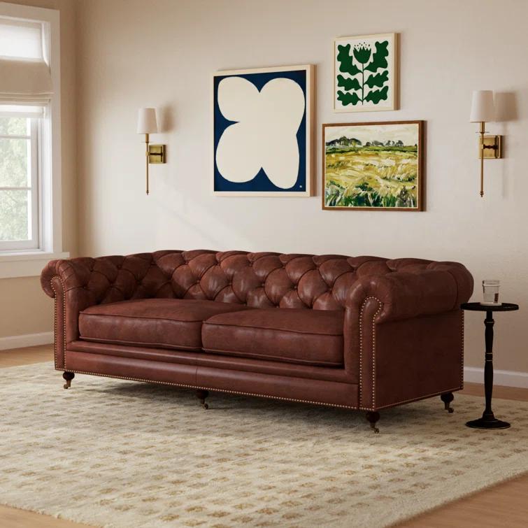 Idalia 87" Genuine Leather Rolled Arm Chesterfield Sofa with Reversible Cushions