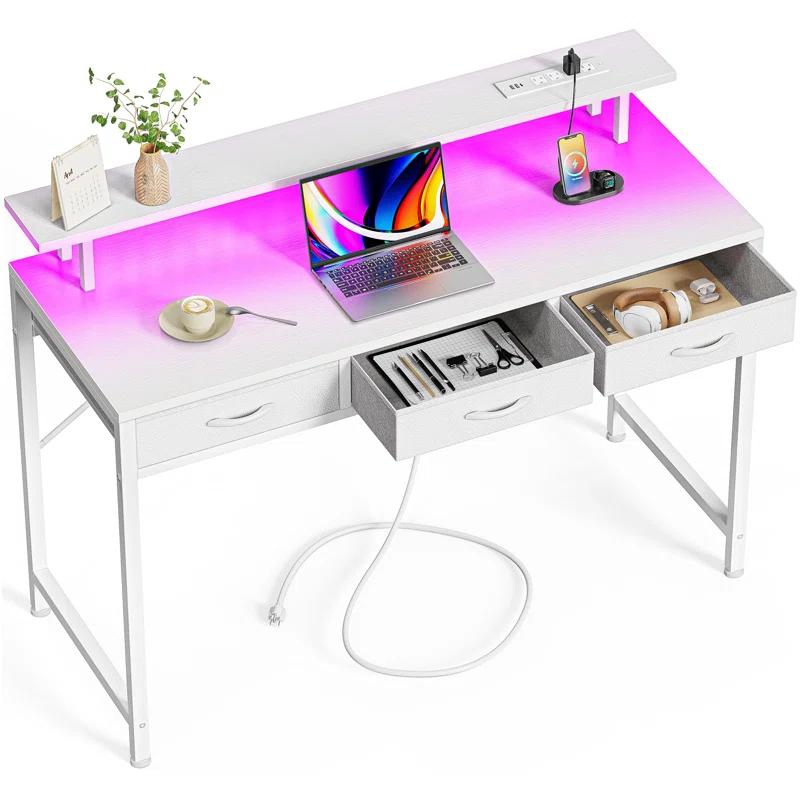 Computer Desk With 3 Drawers, Office Desk Gaming Desk With LED Lights & Power Outlets, Home Office Desks With Storage Space For Bedroom, Work From Home, (47 Inch )