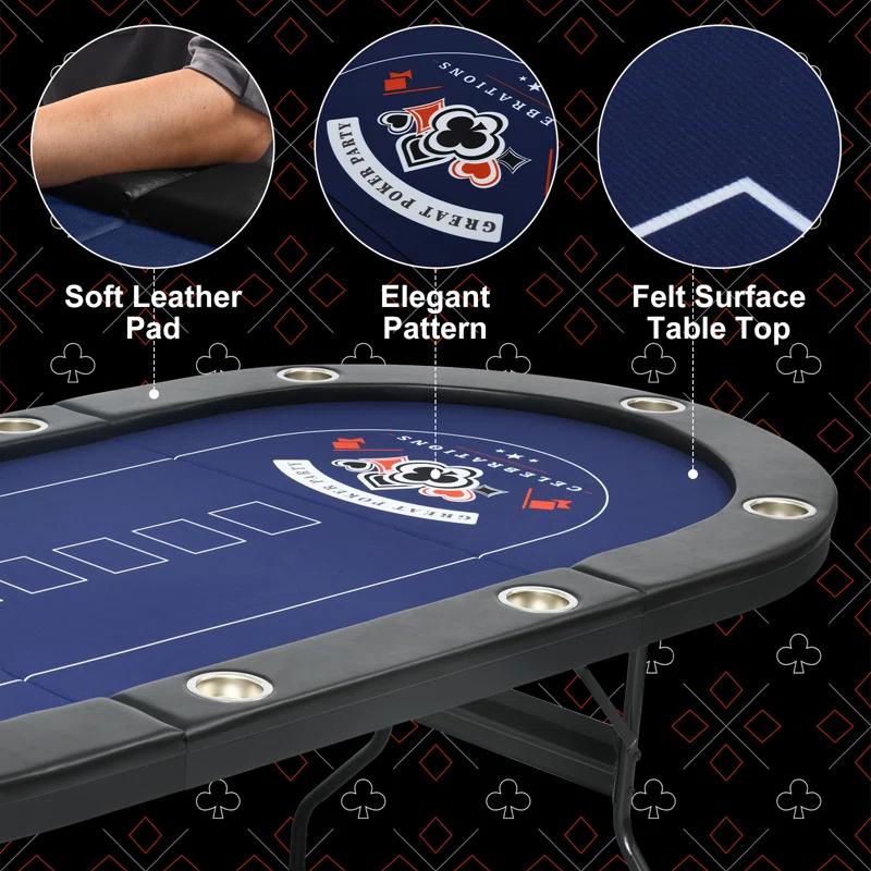 RayChee Poker Table 84'' 10-Player Foldable Poker Table, Portable Casino Leisure Texas Holdem Table with Padded Rails and Cup Holders