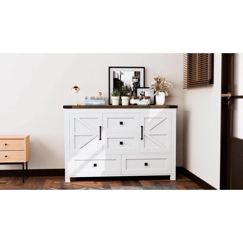 Gracie Oaks Farmhouse Dresser For Bedroom With 4 Drawers And 2 Barn Doors, Wood Chest Of Drawers 47 Inch Wide, Large, Long, Adjustable Shelves, 5 Legs, Living Dining Room, Entryway, Hallway