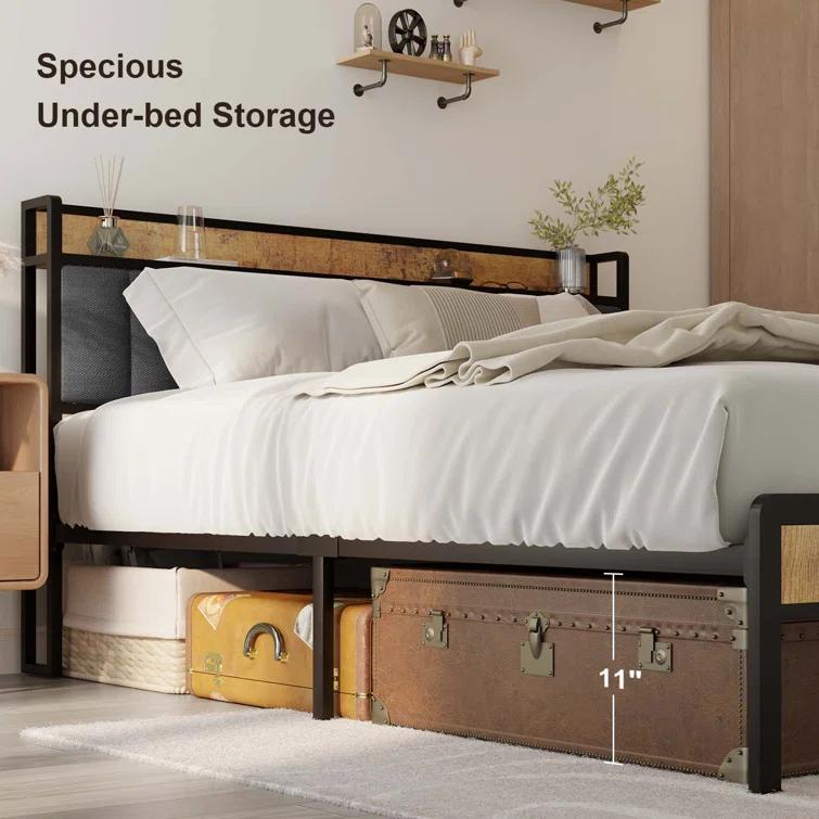 17 Stories Kewarra Platform, Metal Bed Frame with Storage Headboard, Sturdy and Stable