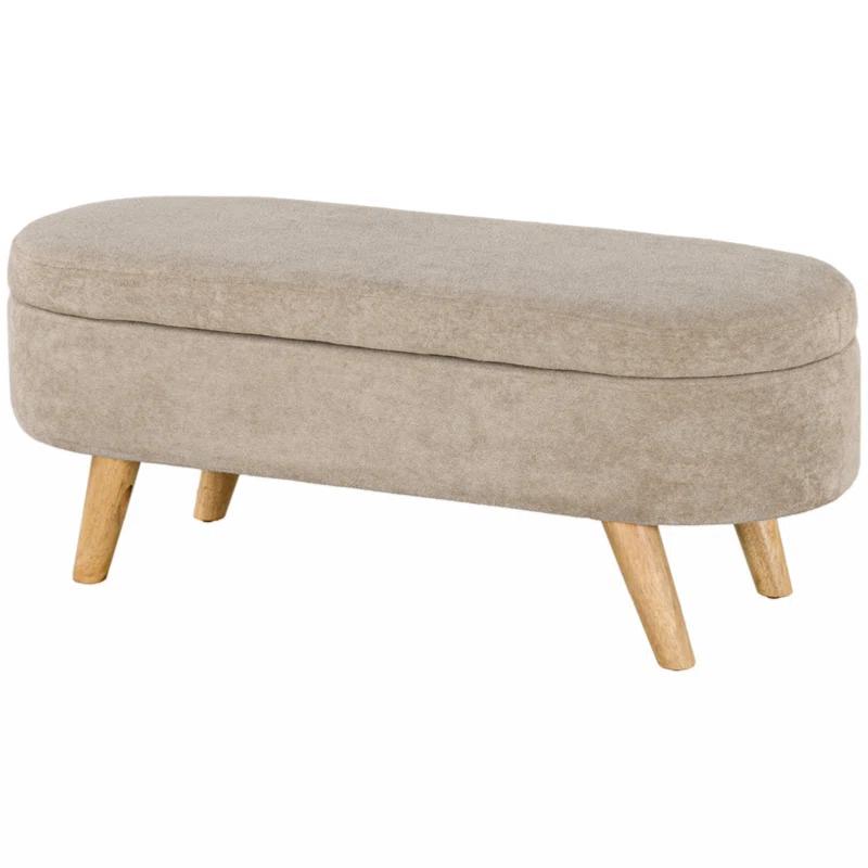 Corrigan Studio® Storage Ottoman Bench, 43.3" Teddy Fleece Upholstered End Of Bed Bench With Wood Legs And Padded Seat, Oval Modern Entryway Bench, Beige