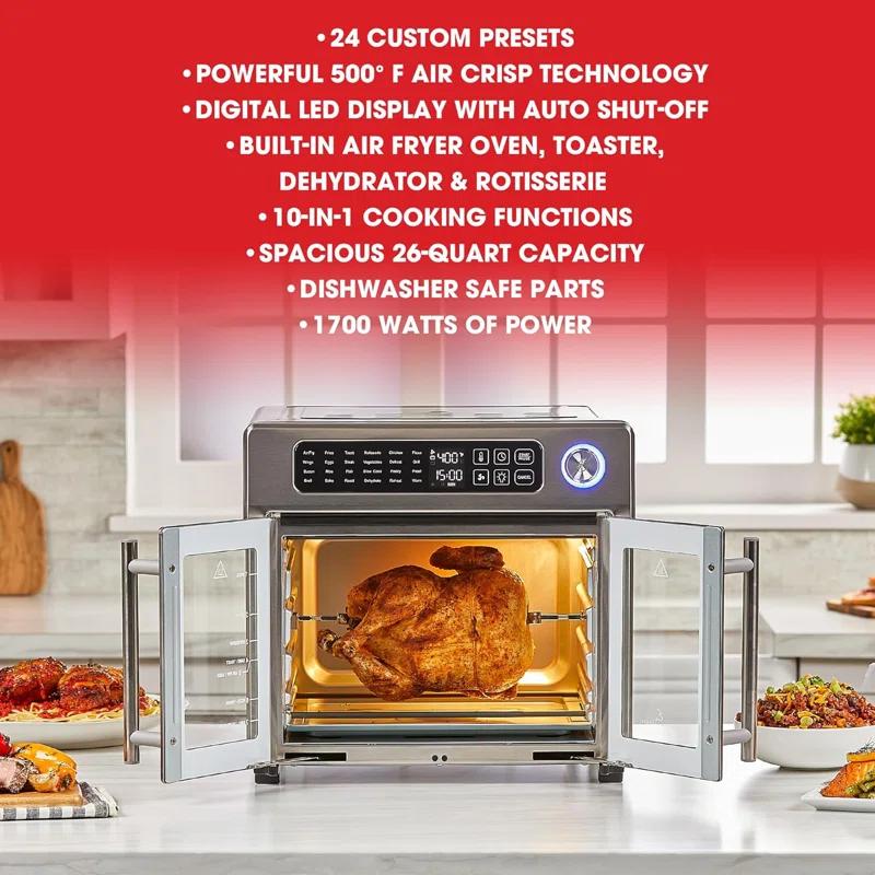 Emeril Lagasse Extra Large French Door Air Fryer Toaster Oven Combo, 25 Cooking Functions and Digital Controls, 7 Accessories Included, Stainless Steel Finish, 26QT Capacity & Reviews | Wayfair