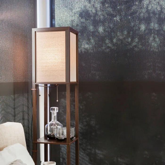 Brightech Maxwell 63" Modern LED Shelf Floor Lamp with Walnut Brown Finish, 3 Tiers, and Fabric Square Shade, Bulb Included
