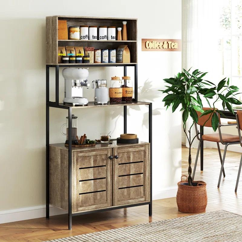 17 Stories Kitchen Bakers Rack With Power Outlet, Coffee Bar Cabinet With Storage Shelves, Microwave Stand With Louvred Door Cabinets