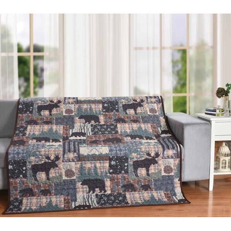 De Leon Collections Grand Bear Lodge Woodland Forest Outdoor Nature Patchwork 60" x 50" Decorative Quilt Throw Blanket