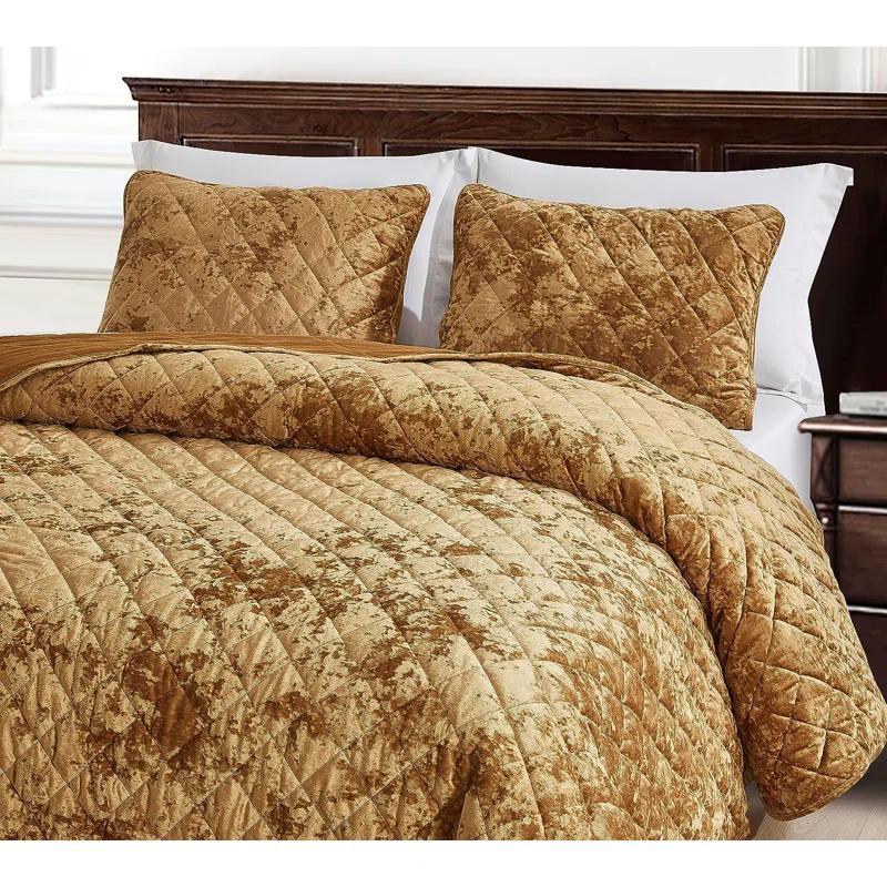 Chezmoi Collection Diamond Stitch Reversible Plush Distressed Velvet Quilt Set