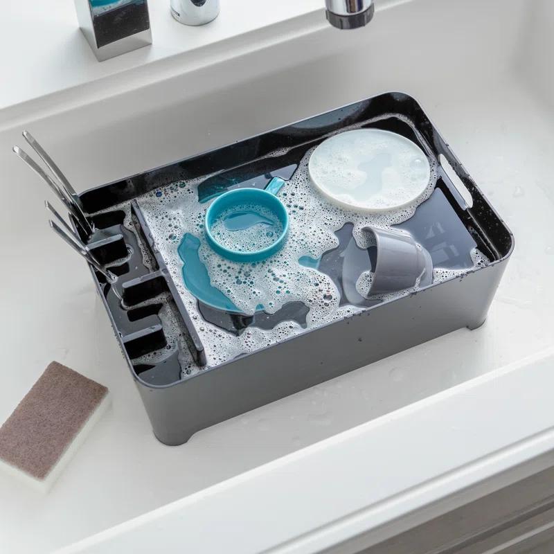 Yamazaki Home Tower Yamazaki Home Dish Drying Rack with Drainage Spout, 1.25 gallon, Utensil Holder, Handles