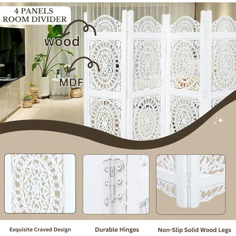 Canora Grey Light & Pro Wood Heart Design Handmade Hinged Foldable Partition 4 Panel Room Divider Screen With Intricately Carved Designs, Pre Assembled - Ready To Use - 48" X 64"
