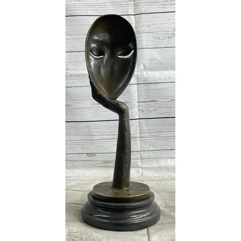Red Barrel Studio® Tekira Abstract Surreal Bronze Floating Female Face Mask Original Art Sculpture on Marble Base