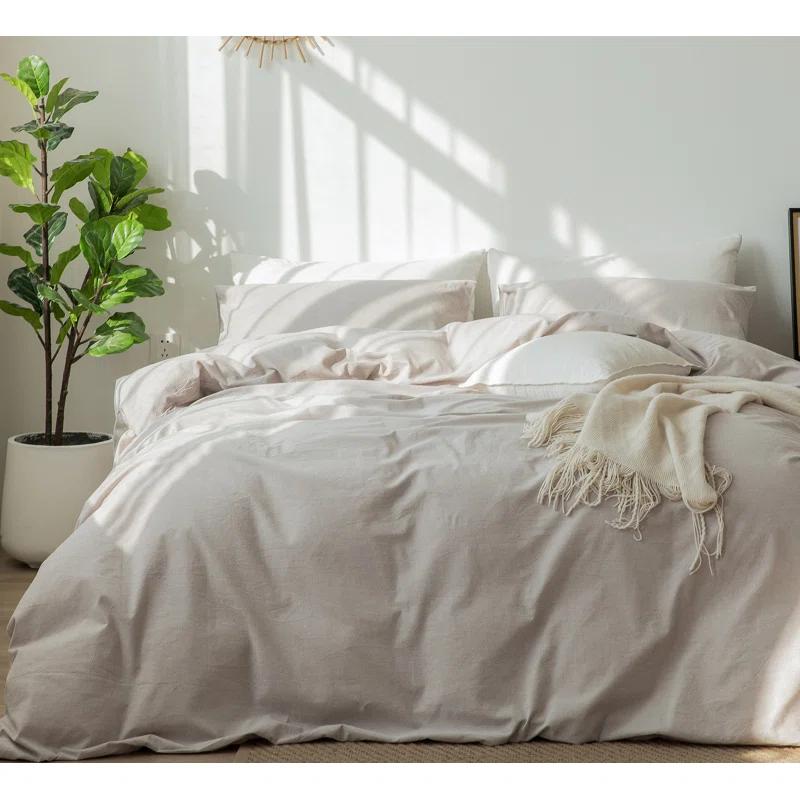MOOMEE 100% Washed Cotton Linen Like Textured Duvet Cover Set