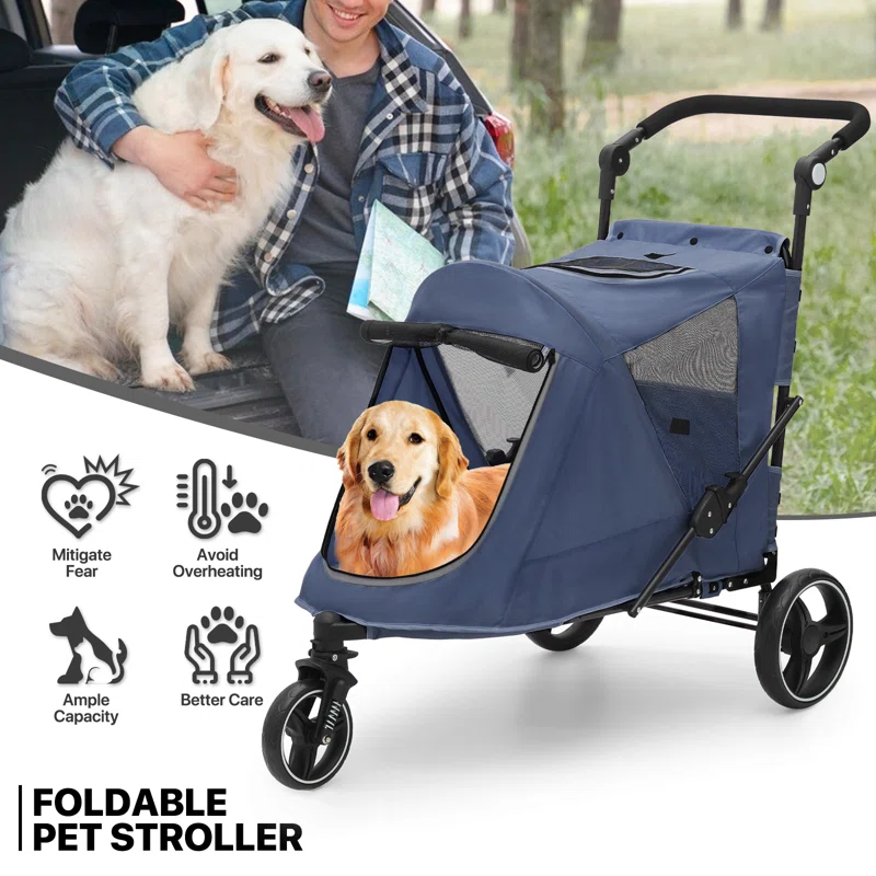 MoNiBloom Folding 3 Wheel Pet Stroller, Foldable Dog Jogger Stroller with Adjustable Handlebar and Mesh Window