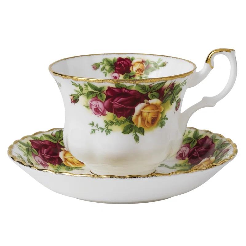 Floral White Ceramic Teacup and Saucer with Gold Trim