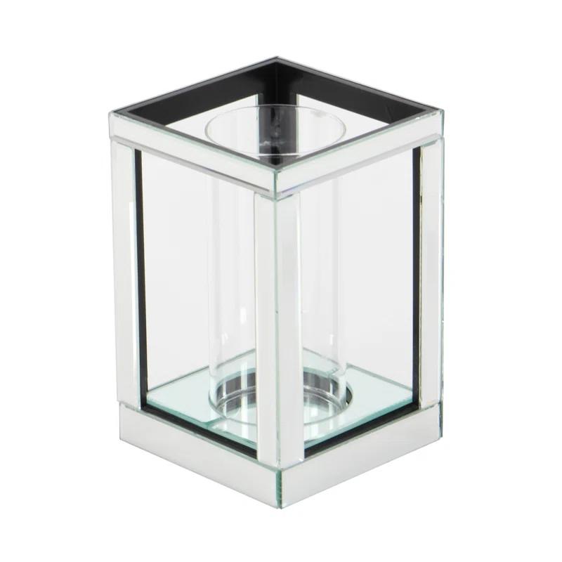 House of Hampton® Glass Pillar Silver Hurricane Lamp with Mirrored Accents
