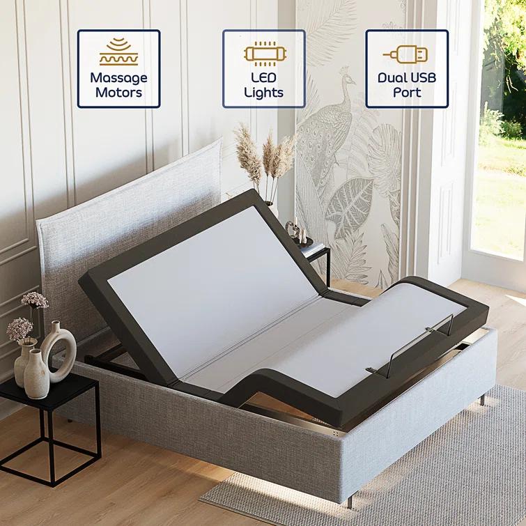 Clara Clark Clara Clark Massaging Zero Gravity, Zero Clearance Adjustable Bed with Wireless Remote, USB Ports & LED Lights