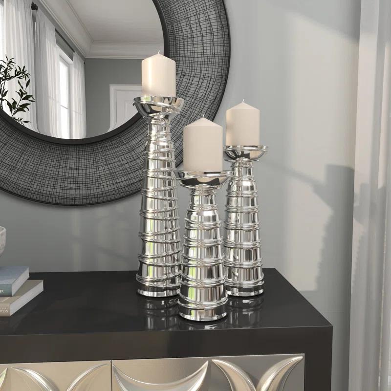 Mercer41 Ceramic Abstract Wrapped Decorative Silver Candle Holder Set