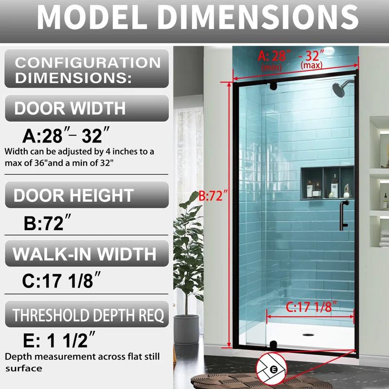 28 - 32 in. W x 71 in. H Pivot Semi-Frameless Sliding Shower Door in Matte Black with Clear SGCC Tempered Glass
