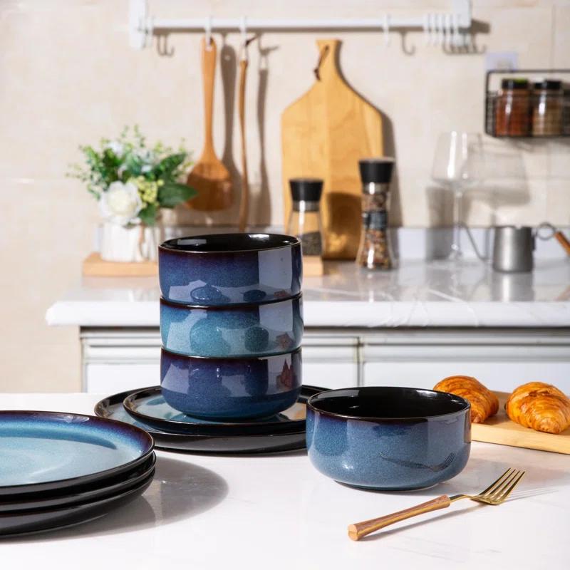 Tableware Set Of 4, Plates And Bowls Set, Handmade Reactive Glaze Cutlery Set, Chip And Scratch Resistant | Oven, Dishwasher And Microwave Safe, Set Of 4 Blue