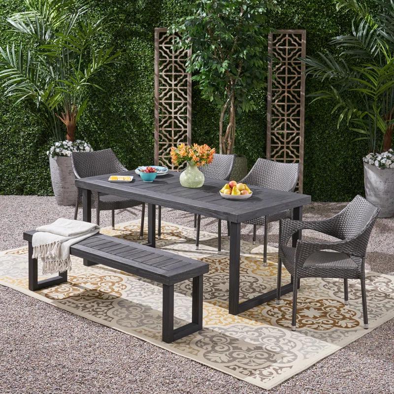 Williston Forge Rhinehart 6 - Person Acacia Wicker Patio Dining Set with Rectangular Table , Cushions Included