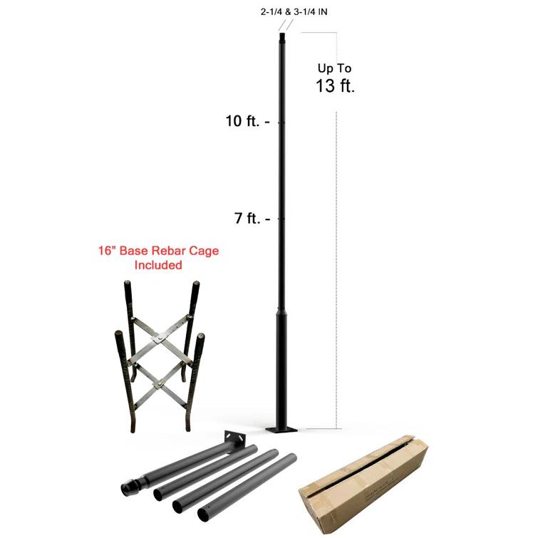 eLEDing 2.5 in - 3 in. up to 13 ft. Black Outdoor Universal Metal Light Post Pole w/ Metal Rebar Cage EE-PL4m