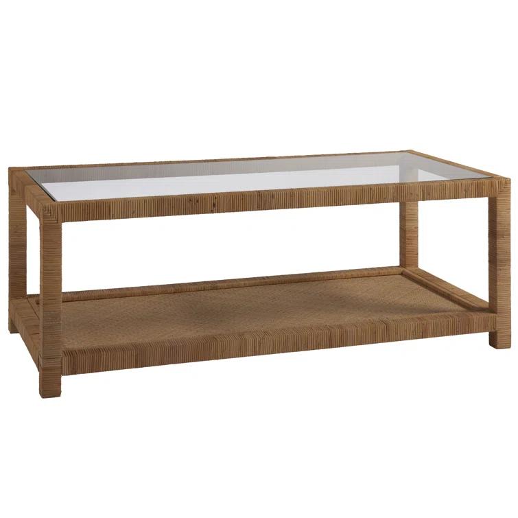 Coastal Charm 50'' Brown Wood and Glass Rectangular Coffee Table with Storage