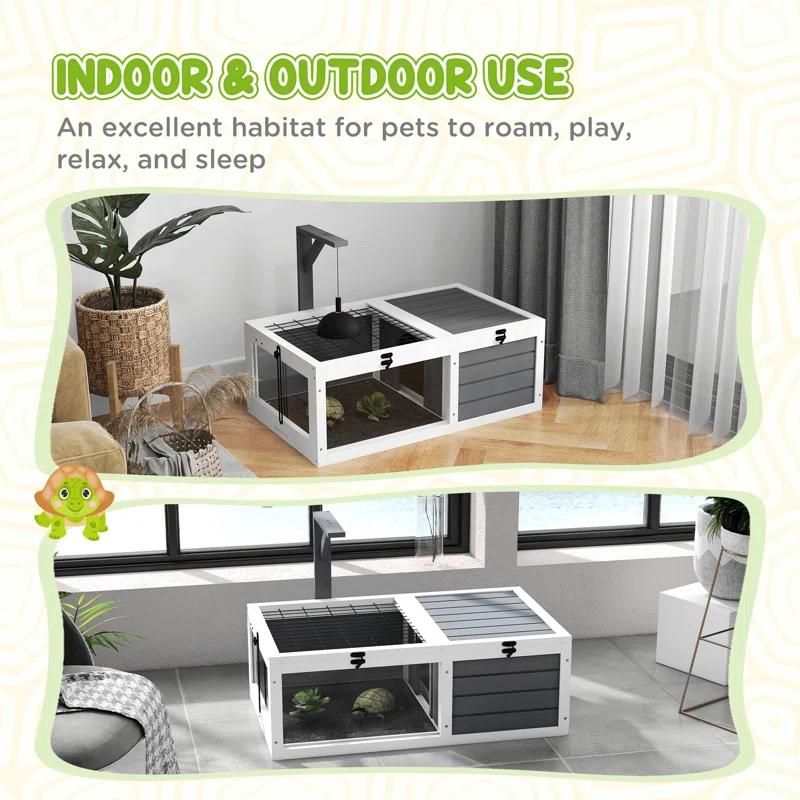 Tucker Murphy Pet™ Tortoise Habitat, Wooden Tortoise House, Indoor Outdoor Tortoise Enclosure With Lamp Holder, Pull-Out Waterproof Trays, Openable Lids, Gray